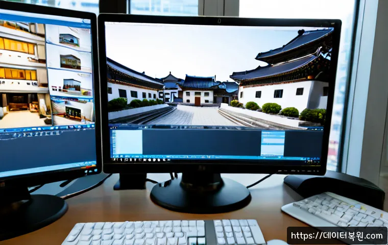 관수동 STATUS_INVALID_IMAGE_FORMAT - Photorealistic remote-support workstation in a compact downtown Seoul office, dual monitors showing ...