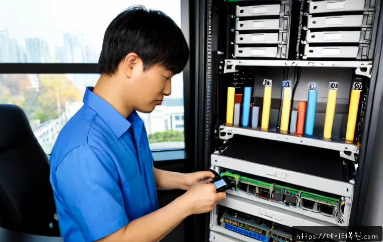 방배동 서버출장방문수리점 - Photorealistic on-site server repair in a compact Bangbae-dong office, technician replacing a hot-sw...