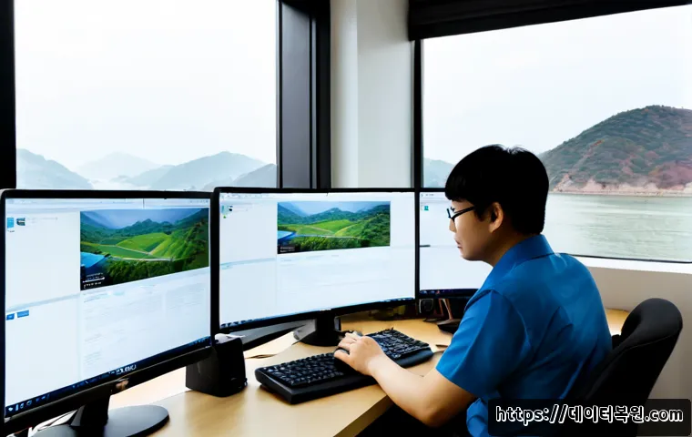 응봉동 STATUS_SYSTEM_FILE_MISSING - Photorealistic remote IT support workstation in a compact Eungbong-dong apartment office, dual monit...