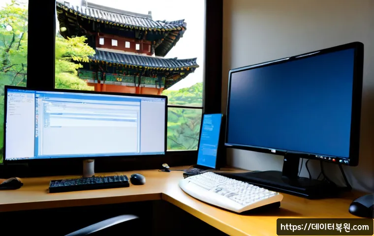 통인동 STATUS_SYSTEM_FILE_MISSING - Photorealistic IT support workstation in a quiet Tongin-dong home office, ultrawide monitor showing ...