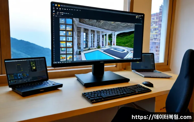 난향동 STATUS_IMAGE_CORRUPTION - Photorealistic remote-support workstation in a compact hillside apartment, dual monitors showing a c...