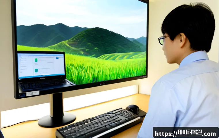 중부면 STATUS_PROTECTION_ERROR - Photorealistic IT support workstation in a quiet semi-rural Korean township office, desktop monitor ...