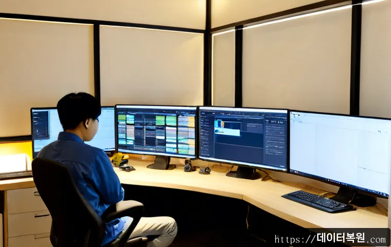 명동 자동복구 - Photorealistic remote-support workstation in a compact Myeongdong office, dual monitors showing a re...