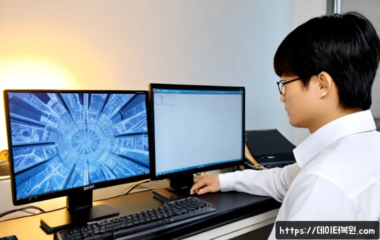 필동 WIN32K_LOCK_HELD_TOO_LONG - Photorealistic IT support workstation in a compact Pil-dong office, dual monitors showing a frozen a...