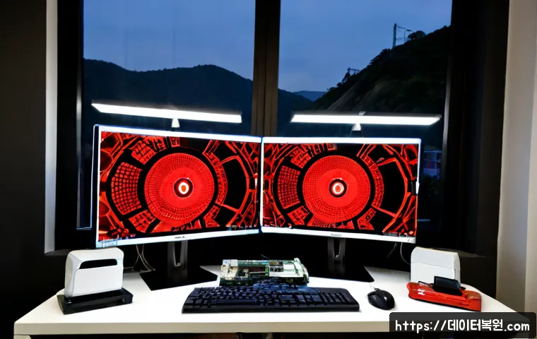 이태원 STATUS_KERNEL_REGISTRY_ERROR - Photorealistic modern PC repair workstation in an Itaewon-inspired loft office, dual monitors showin...