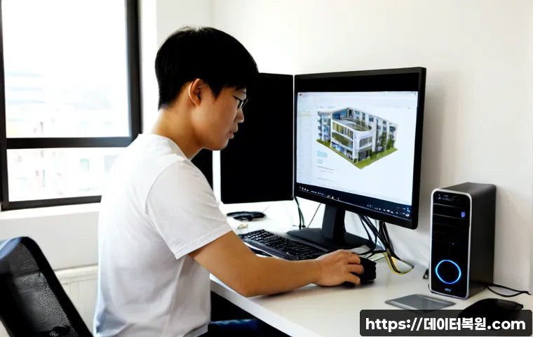 효자동 조립컴퓨터 pc 출장판매설치 - Photorealistic home-office PC installation in a sunlit apartment near a quiet Korean university neig...