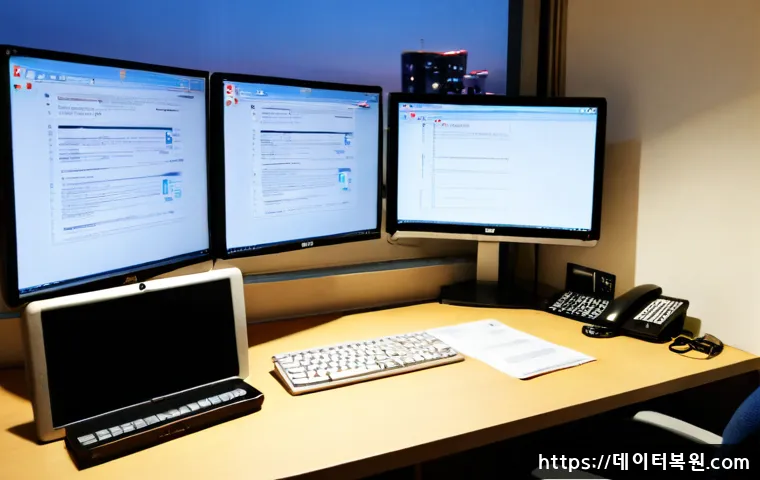 회기동 STATUS_FILE_IN_USE - Photorealistic IT support workstation in a compact Hoegi-dong apartment office, dual monitors showin...