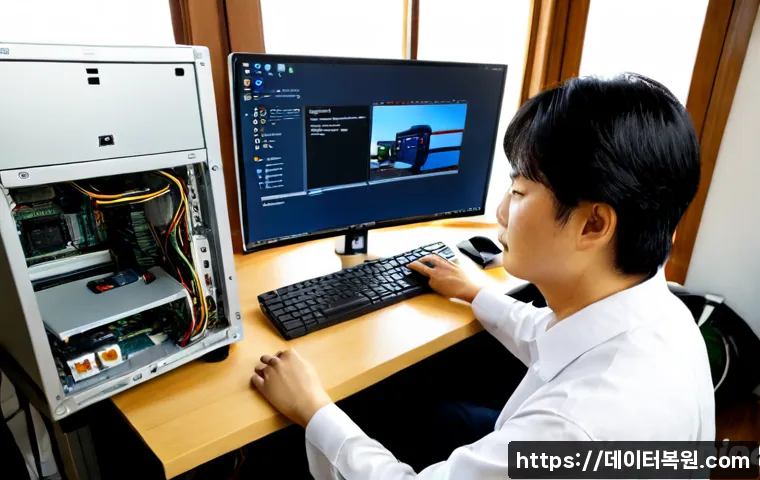 삼청동 컴퓨터 desktop 출장방문수리점 - Photorealistic desktop computer repair visit inside a sunlit Samcheong-dong home studio, technician ...