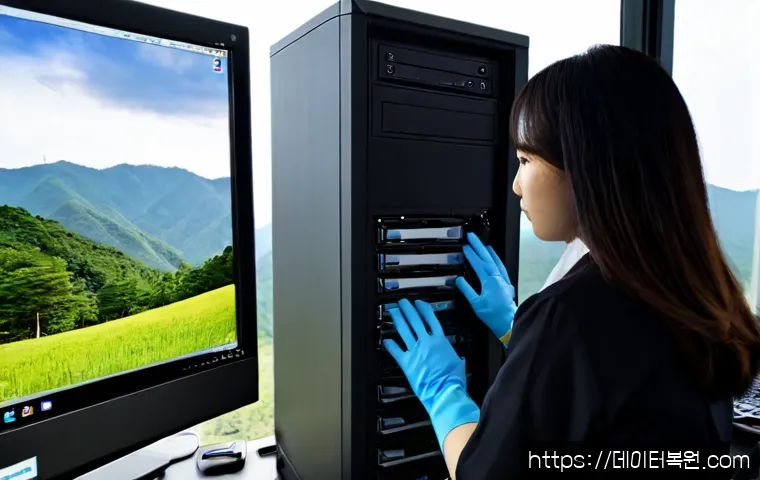곤지암 STATUS_DISK_NOT_INITIALIZED - Photorealistic IT support workstation in Gonjiam, a desktop tower opened beside a clean ultrawide mo...