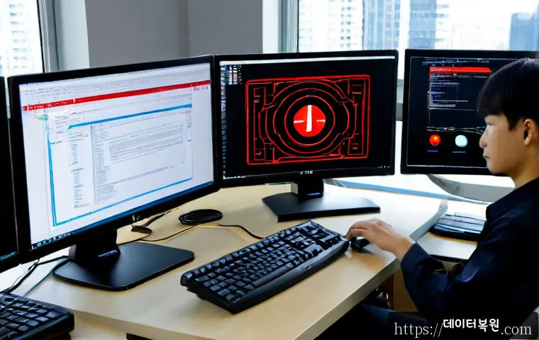 내유동 STATUS_ILLEGAL_INSTRUCTION - Photorealistic IT support workstation in a compact modern office, dual monitors showing abstract CAD...