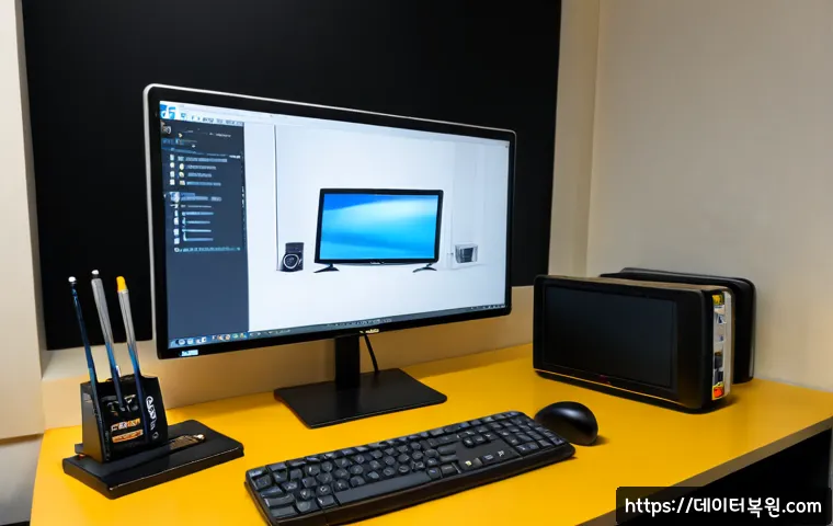 동숭동 all boot options are tried - Photorealistic IT support workstation in a compact Dongsoongdong creative studio, desktop monitor sh...