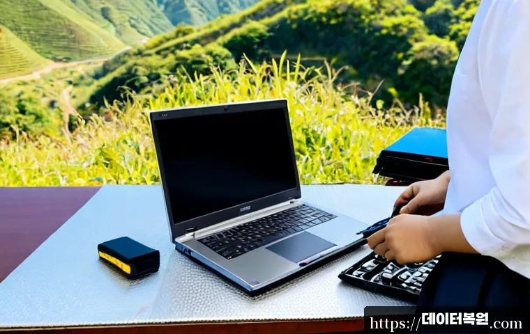 길음동 맥북에어 판매 및 수리 - Photorealistic compact computer repair studio near a quiet hillside neighborhood, ultrathin silver l...