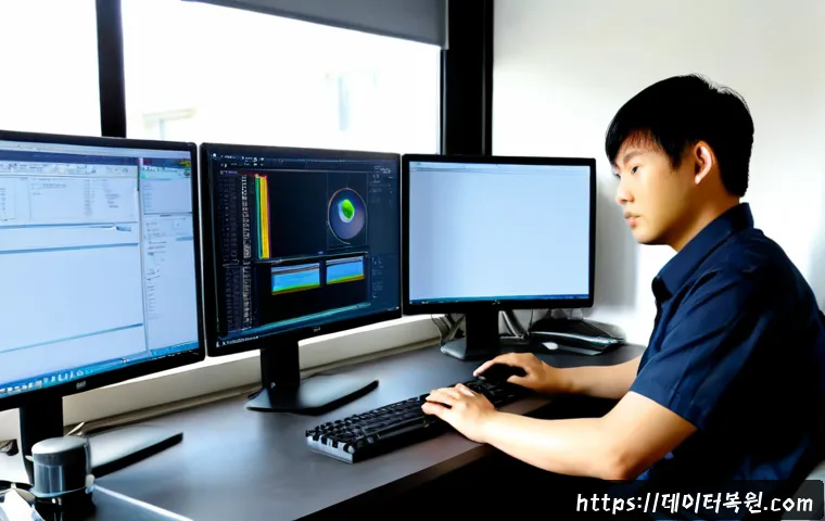 신창동 자동복구 - Photorealistic IT support workstation in a compact neighborhood office, ultrawide monitor showing a ...
