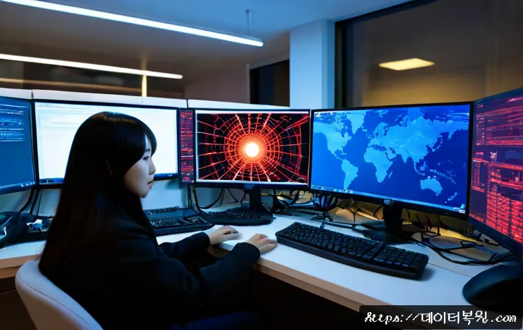 궁동 악성코드 바이러스 - Photorealistic cybersecurity workstation in a compact university-neighborhood repair office, dual mo...