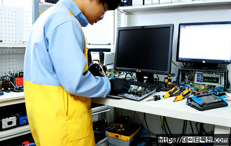 금천구 맥미니 판매 및 수리 - Photorealistic compact silver mini desktop computer repair bench in Geumcheon Digital Complex, techn...