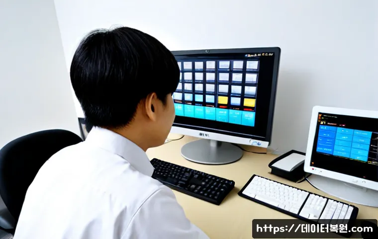 역삼동 STATUS_NO_MEMORY - Photorealistic IT support workstation in a modern Yeoksam-dong office tower, technician viewing a de...