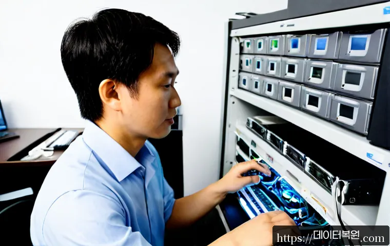 신계동 파일서버출장방문수리점 - Photorealistic on-site file server repair in a compact office near Singye-dong, technician connectin...