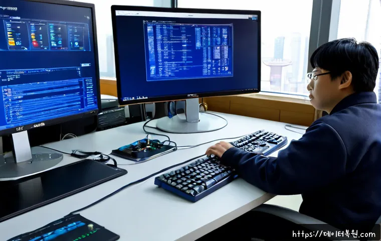과해동 INTERNAL_POWER_ERROR - Photorealistic IT support workstation in a modern Korean office, desktop computer showing a dark blu...