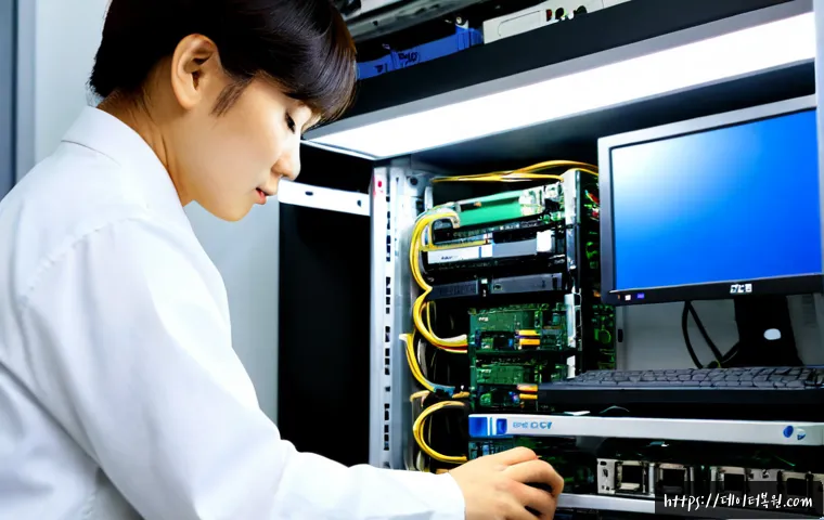 구로동 server출장방문수리점 - Photorealistic on-site server repair in a compact Guro-dong office, technician replacing a hot-swapp...
