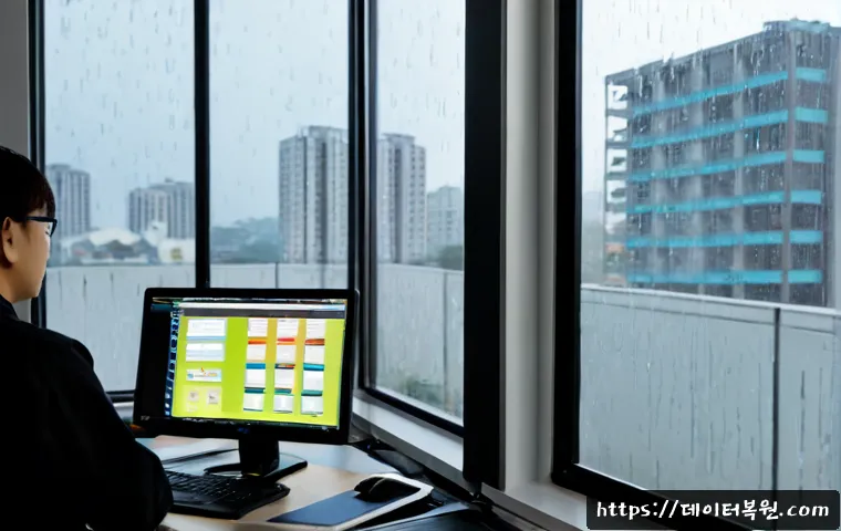 공덕동 STATUS_PROTECTION_ERROR - Photorealistic IT support workstation in a compact Gongdeok neighborhood office, dual monitors showi...