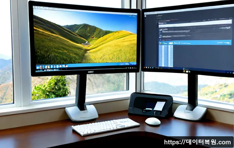 필동 STATUS_FILE_NOT_FOUND - Photorealistic software support workstation in a compact Pildong-style office, dual monitors showing...