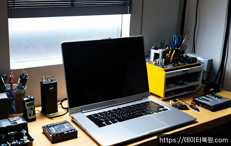적선동 맥북에어 판매 및 수리 - Photorealistic electronics repair workstation in a compact Jongno neighborhood studio, ultra-thin si...