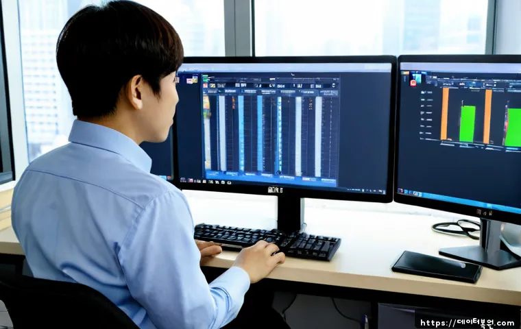 수하동 STATUS_PAGEFILE_MISSING - Photorealistic IT support workstation in a compact urban Korean office, dual monitors showing a blan...