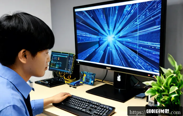 양재동 DRIVER_CAUSED_SYSTEM_CRASH - Photorealistic IT support workstation in Yangjae-dong, Seoul, dual monitors showing a frozen abstrac...