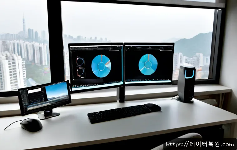 막계동 STATUS_KERNEL_BLOCKED - Photorealistic modern workstation in a quiet Makgye-dong apartment office, dual monitors showing abs...