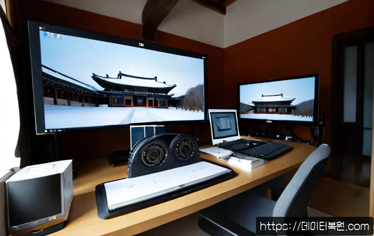 필운동 STATUS_IO_ERROR - Photorealistic architectural workstation in a quiet Pilun-dong townhouse studio, dual monitors showi...