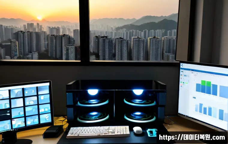 청량리동 STATUS_KERNEL_DISK_ERROR - Photorealistic IT support workstation in a compact Cheongnyangni neighborhood office, dual monitors ...