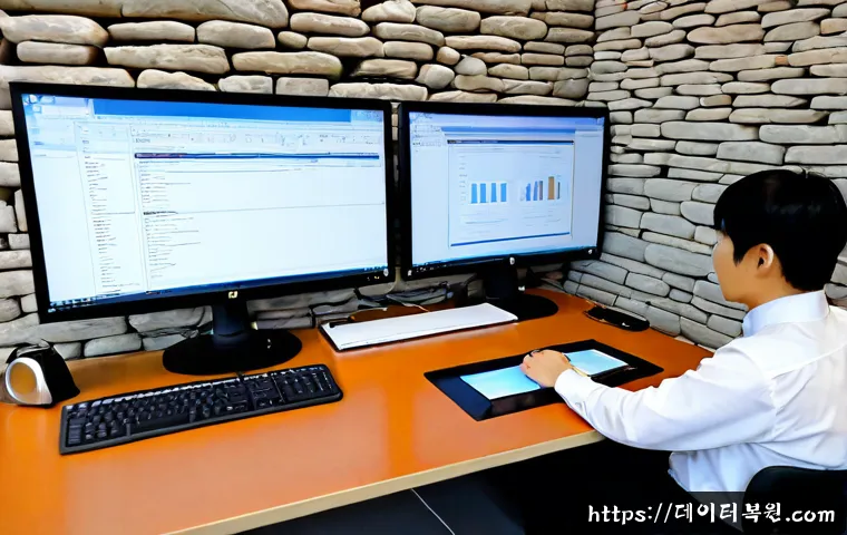 신문로 CDFS_FILE_SYSTEM - Photorealistic IT workstation in a refined central Seoul office near historic stone walls, dual moni...