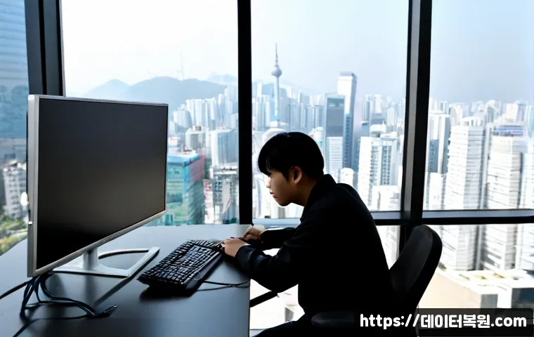 삼성동 부팅안됨 - Photorealistic IT support workstation in a modern Samsung-dong office tower, technician examining a ...