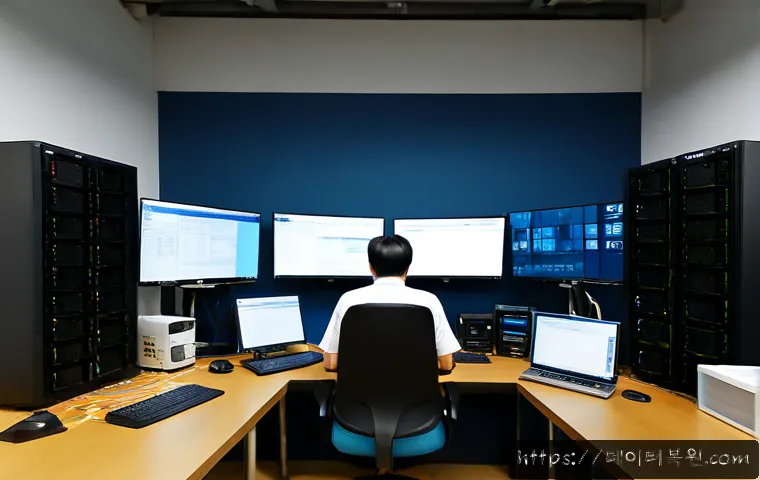 서초동 파일서버출장방문수리점 - Photorealistic on-site file server repair in a compact Seocho-dong architectural studio, technician ...