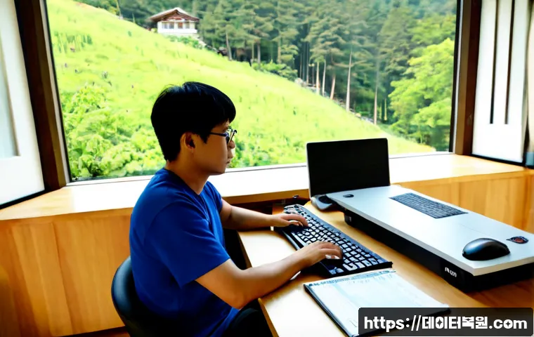 평창동 POOL_HEADER_CORRUPTION - Photorealistic remote-support workstation in a quiet hillside home office, dual monitors showing a c...