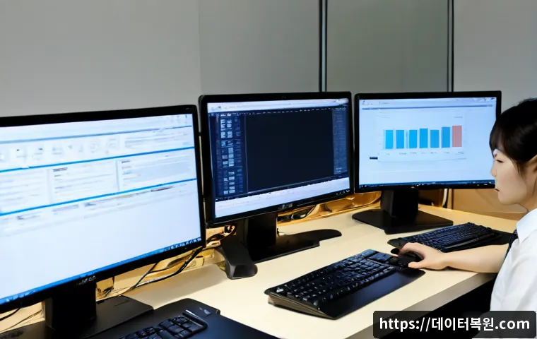 장충동 POOL_HEADER_CORRUPTION - Photorealistic remote-support workstation in a compact Jangchung-dong office, dual monitors showing ...