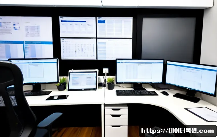 수송동 STATUS_FILE_LOCK_CONFLICT - Photorealistic software support workstation in a compact Seoul office near Susong-dong, dual monitor...