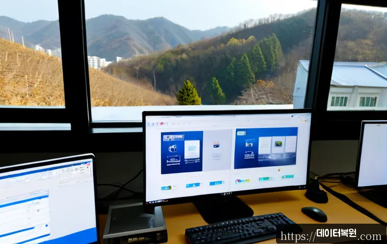 성북구 프로그램응답없음 - Photorealistic remote-support workstation in Seongbuk, Seoul, dual monitors showing a frozen unbrand...