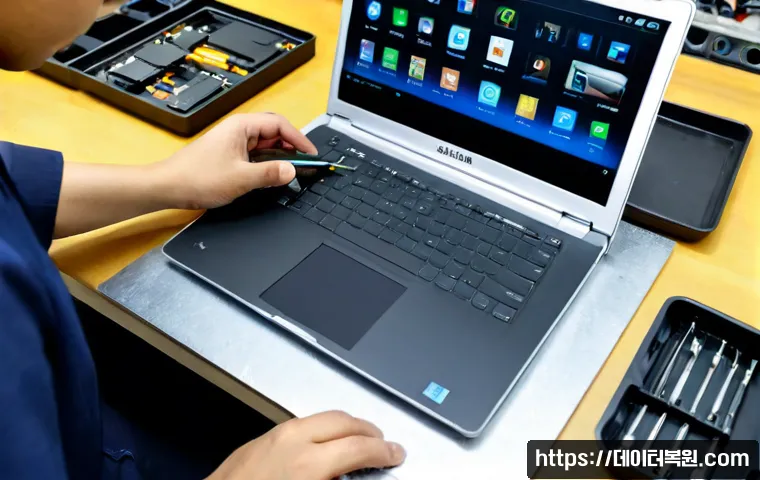 동숭동 맥북에어 판매 및 수리 - Photorealistic compact laptop repair studio near a university arts district, silver ultra-thin noteb...