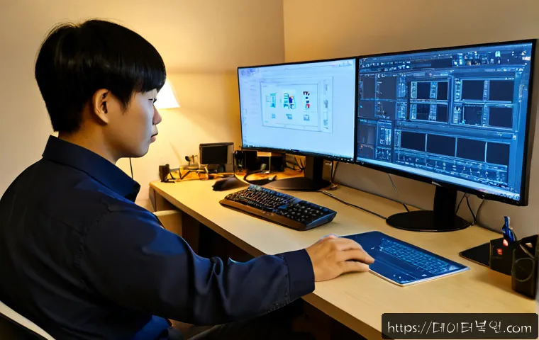 산천동 SOFTWARE_EXCEPTION - Photorealistic software support workstation in a compact Korean apartment office, dual monitors show...