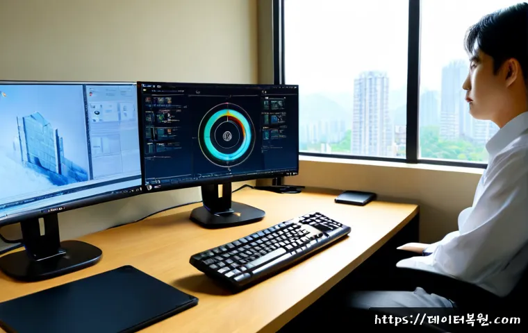 신도림 STATUS_EXECUTION_TIMEOUT - Photorealistic IT support workstation in Shindorim, dual monitors showing a frozen abstract 3D CAD a...