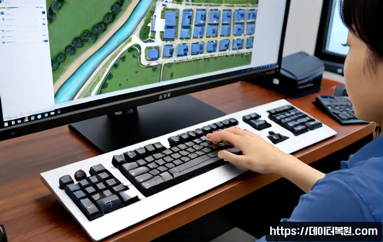 동빙고동 f4키 누르라고 할때 - Photorealistic remote-support workstation, close view of a desktop keyboard with the F4 key softly h...