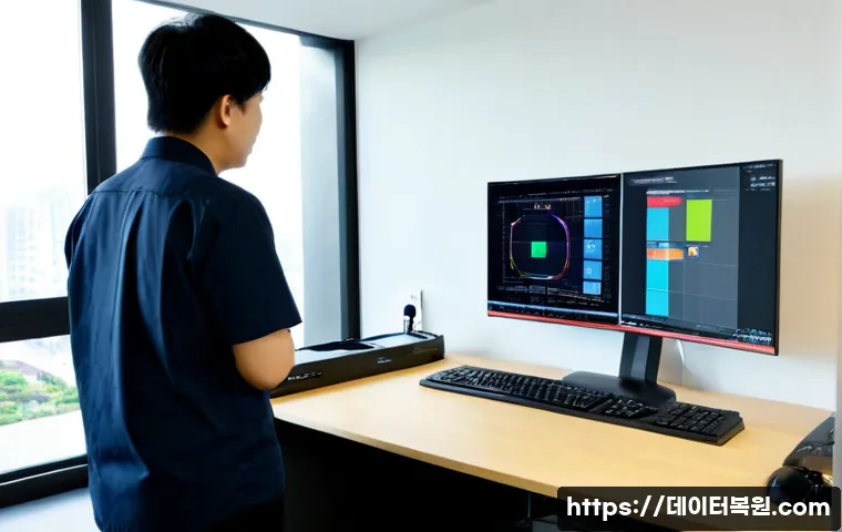 일산동 입력신호가 없습니다 - Photorealistic modern workstation in an Ilsan apartment office, dual monitors with one display showi...