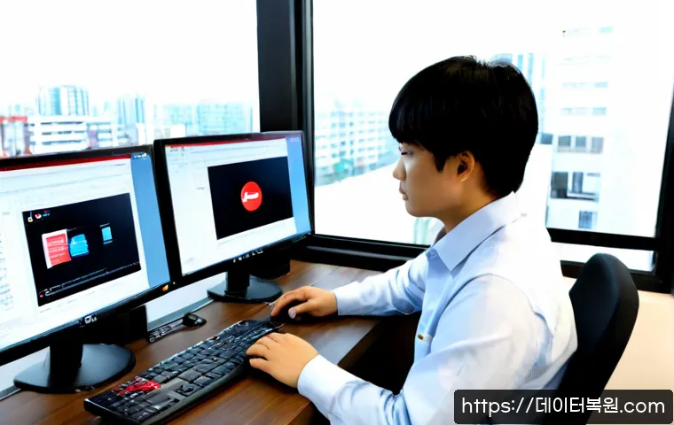청량리동 STATUS_FILE_INVALID - Photorealistic remote-support workstation in a compact Cheongnyangni apartment office, dual monitors...