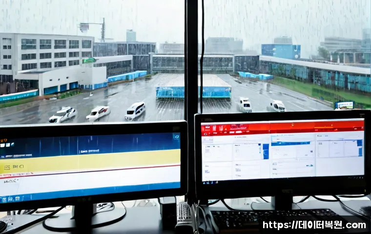 상암동 신호없음 - Photorealistic modern media-production workstation in Sangam-dong, Seoul, dual monitors showing a bl...