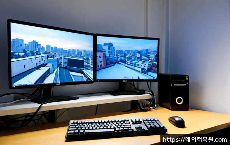 동교동 INTERNAL_POWER_ERROR - Photorealistic IT support workstation in Donggyo-dong, dual-monitor desktop frozen on a blank blue d...