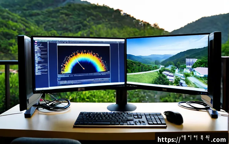우장산 악성코드 바이러스 - Photorealistic IT support workstation in a quiet residential area near wooded hills, dual monitors s...