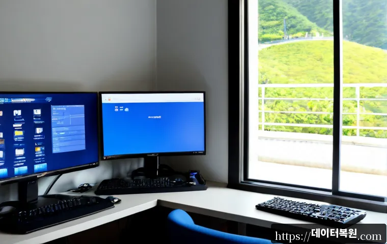 삼양동 블루스크린 - Photorealistic remote-support workstation in a compact Samyang-dong apartment, dual monitors with on...