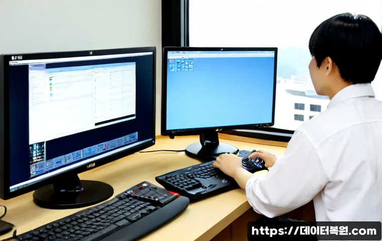효제동 STATUS_KERNEL_THREAD_INTERRUPTED - Photorealistic remote IT support workstation in Hyoje-dong, Seoul, dual monitors showing a clean abs...