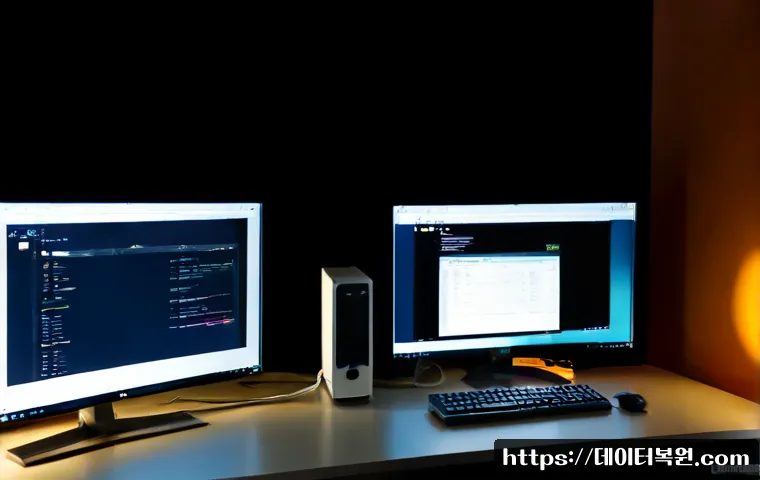 원지동 STATUS_KERNEL_CONNECTION_TIMEOUT - Photorealistic remote-support workstation in a quiet Wonji-dong office near low forested hills, dual...